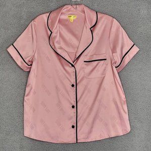 Shady Lady Womens Pajama Top Sleepwear Pink Button Silky Logo Collared XS‎ New